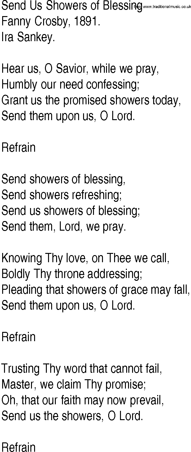 Hymn and Gospel Song: Send Us Showers of Blessing by Fanny Crosby lyrics