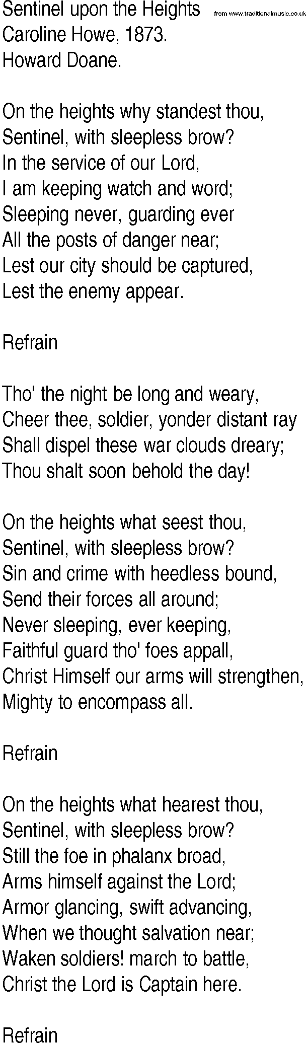 Hymn and Gospel Song: Sentinel upon the Heights by Caroline Howe lyrics