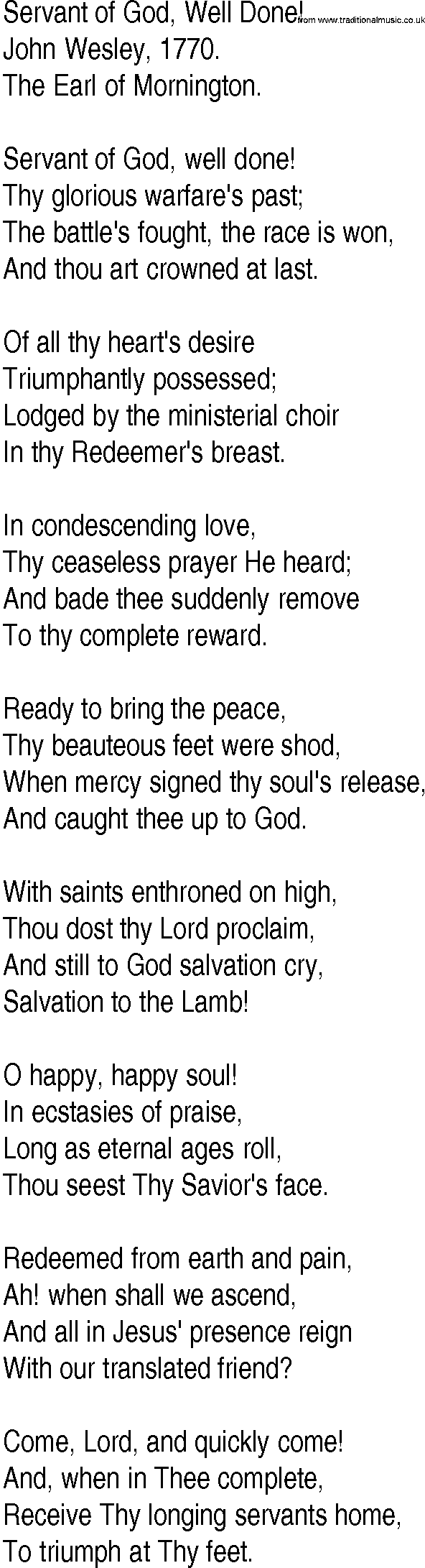 Hymn and Gospel Song: Servant of God, Well Done! by John Wesley lyrics