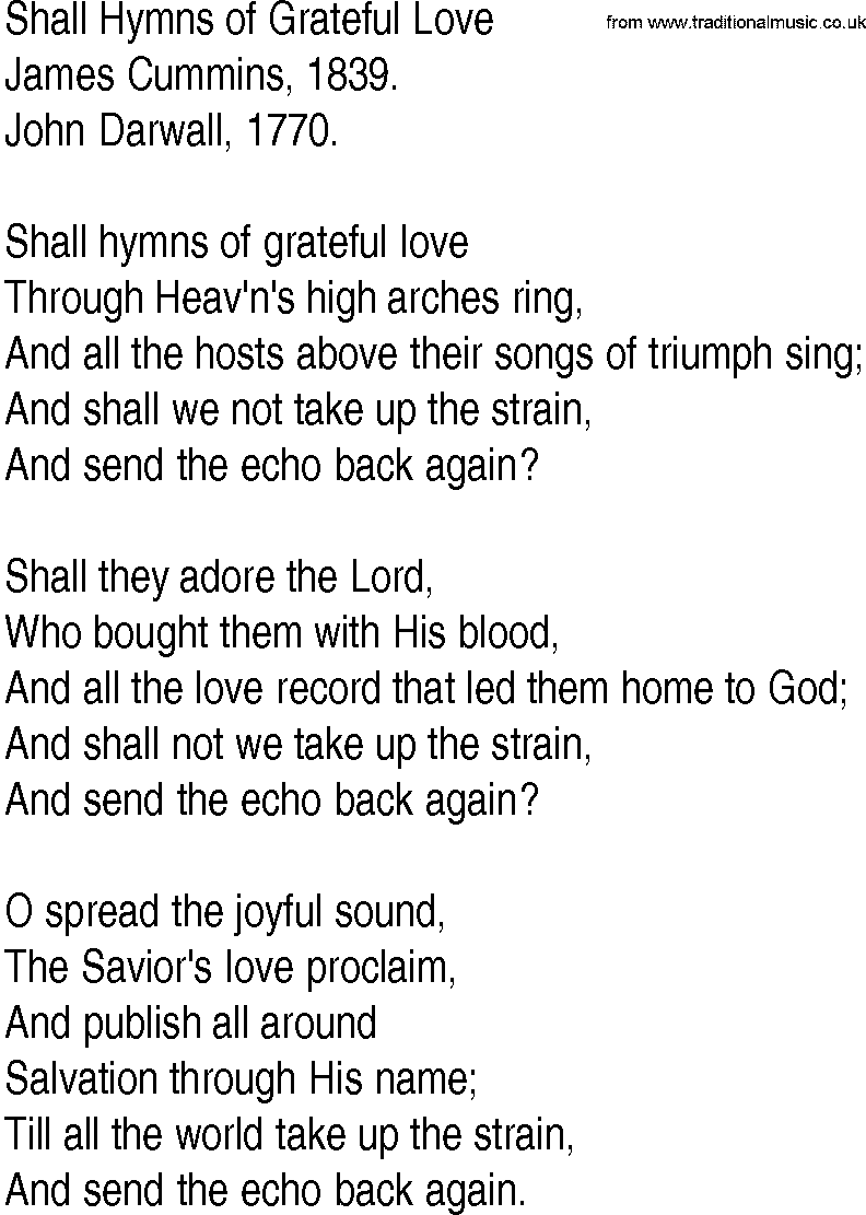 Hymn and Gospel Song: Shall Hymns of Grateful Love by James Cummins lyrics