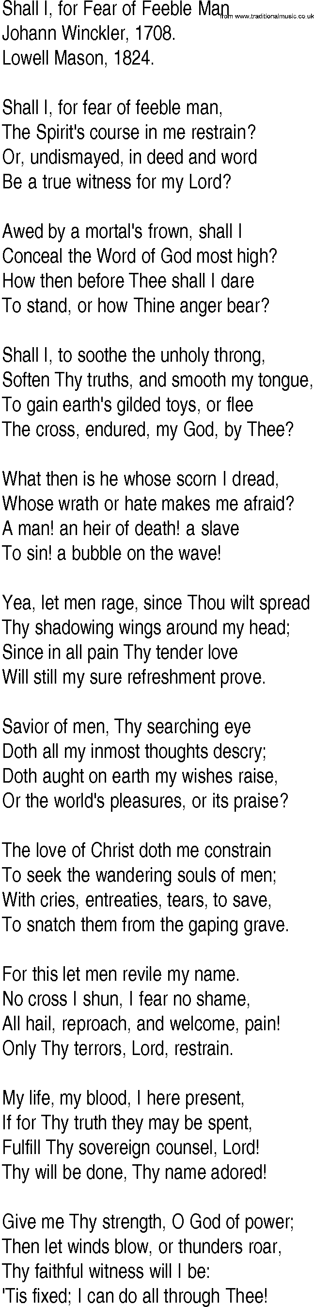 Hymn and Gospel Song: Shall I, for Fear of Feeble Man by Johann Winckler lyrics