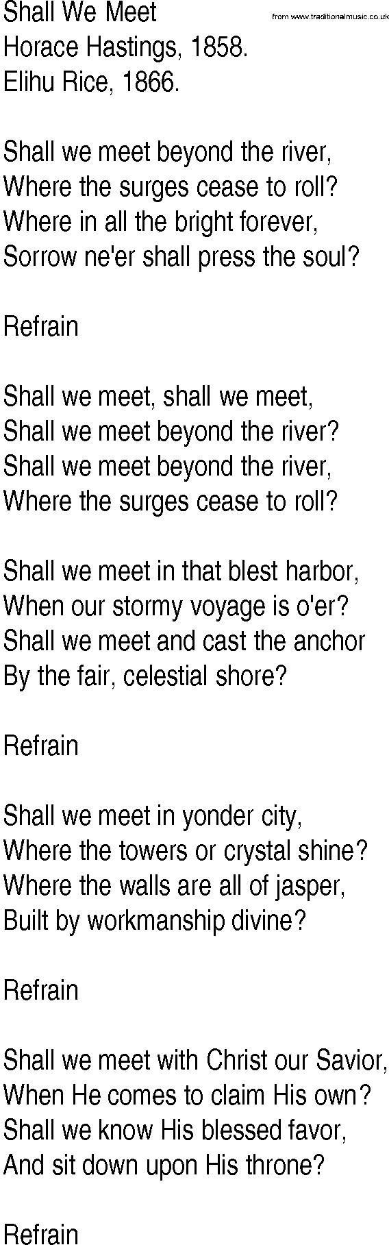 Hymn and Gospel Song: Shall We Meet by Horace Hastings lyrics