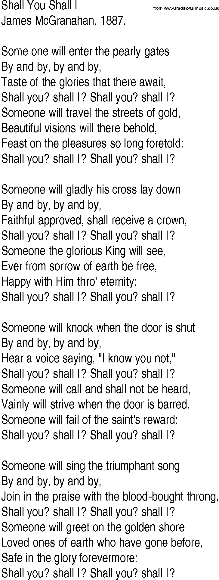 Hymn and Gospel Song: Shall You Shall I by James McGranahan lyrics