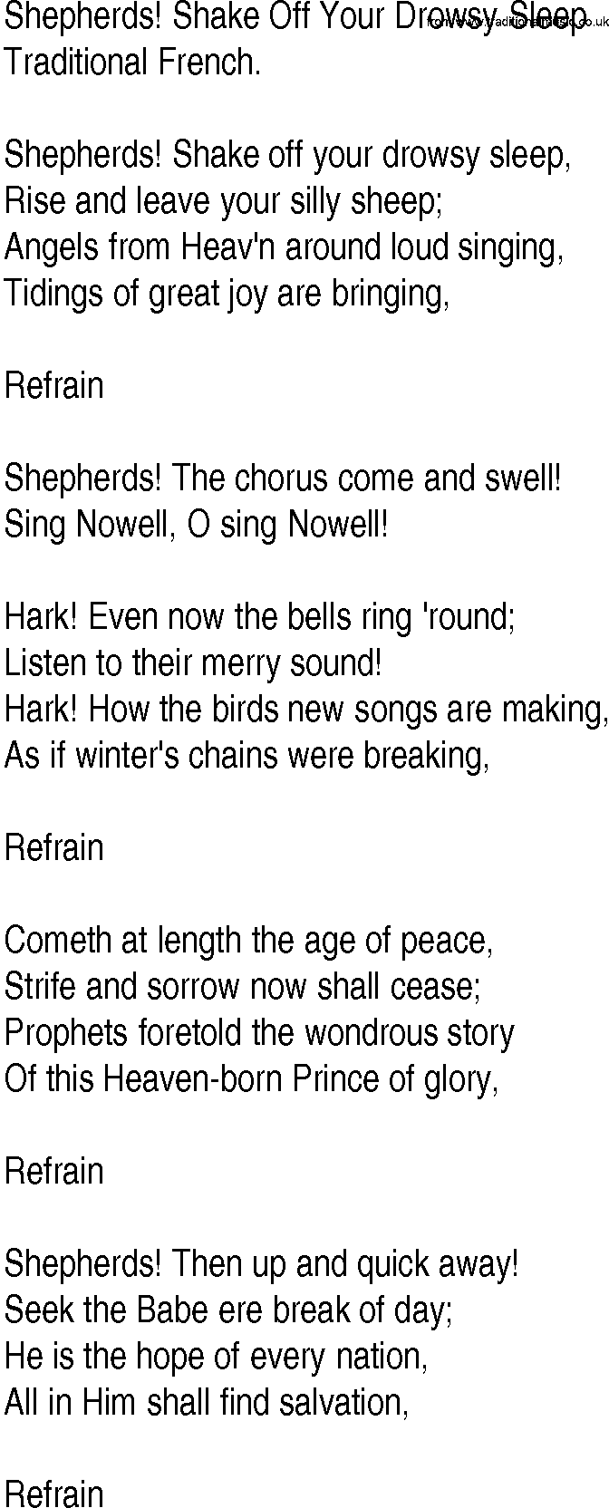 Hymn and Gospel Song: Shepherds! Shake Off Your Drowsy Sleep by Traditional French lyrics