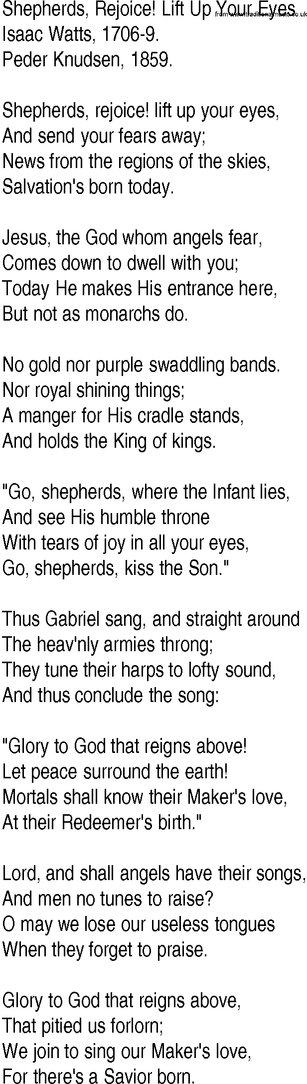 Hymn and Gospel Song: Shepherds, Rejoice! Lift Up Your Eyes by Isaac Watts lyrics