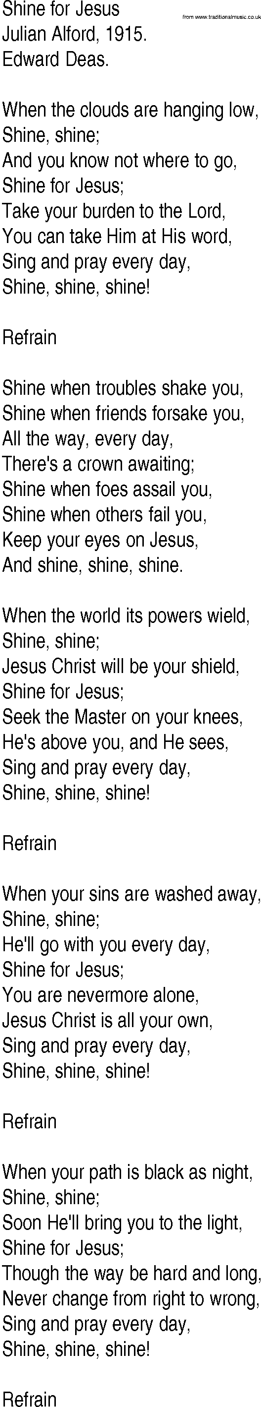 Hymn and Gospel Song: Shine for Jesus by Julian Alford lyrics