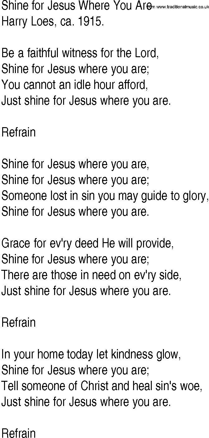 Hymn and Gospel Song: Shine for Jesus Where You Are by Harry Loes ca lyrics