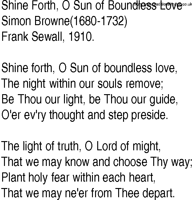 Hymn and Gospel Song: Shine Forth, O Sun of Boundless Love by Simon Browne lyrics