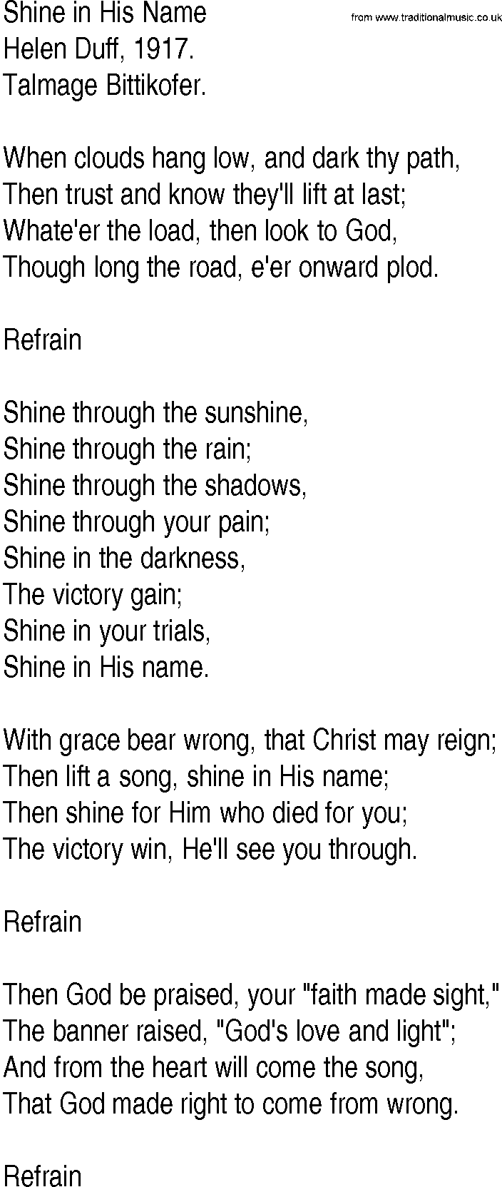 Hymn and Gospel Song: Shine in His Name by Helen Duff lyrics