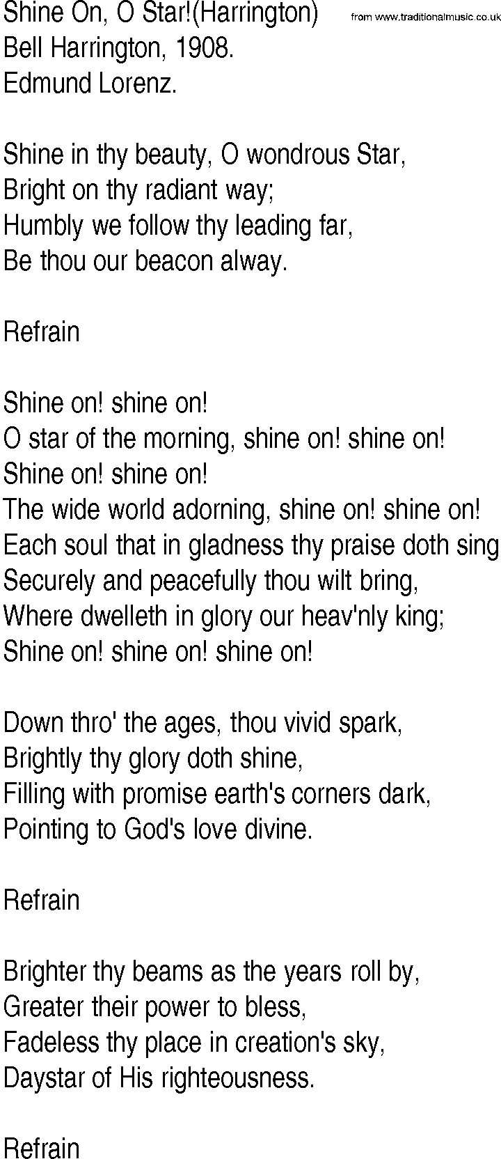 Hymn and Gospel Song: Shine On, O Star!(Harrington) by Bell Harrington lyrics