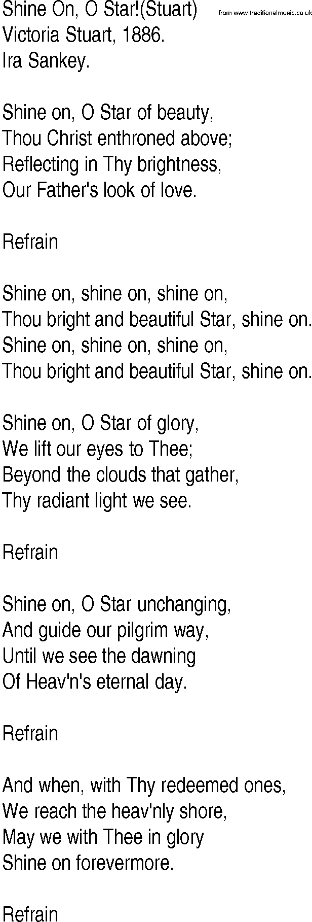 Hymn and Gospel Song: Shine On, O Star!(Stuart) by Victoria Stuart lyrics