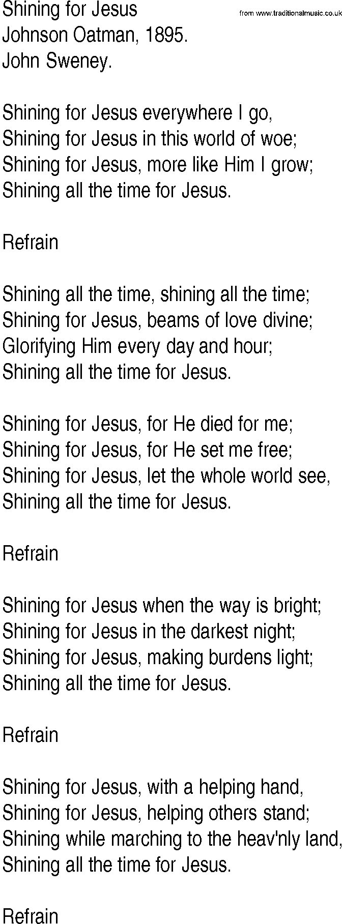 Hymn and Gospel Song: Shining for Jesus by Johnson Oatman lyrics