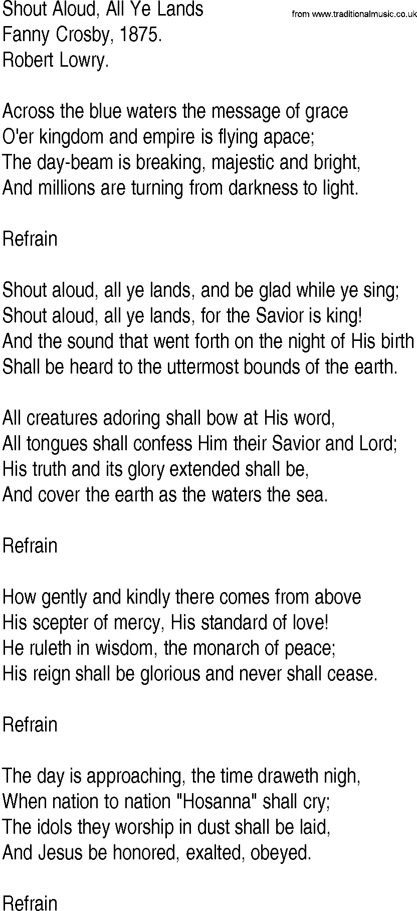 Hymn and Gospel Song: Shout Aloud, All Ye Lands by Fanny Crosby lyrics