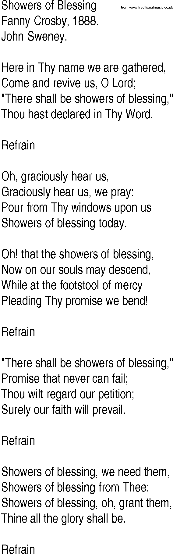 Hymn and Gospel Song: Showers of Blessing by Fanny Crosby lyrics