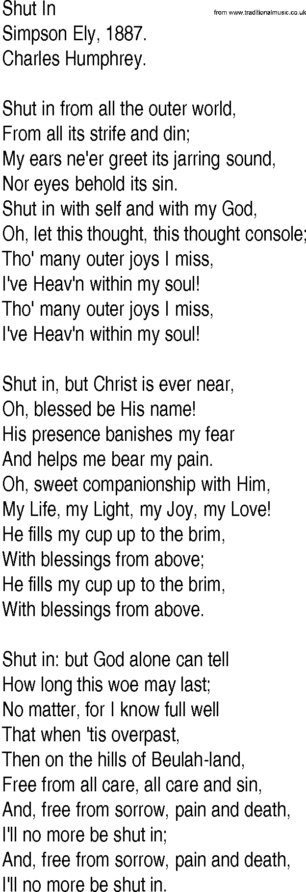Hymn and Gospel Song: Shut In by Simpson Ely lyrics