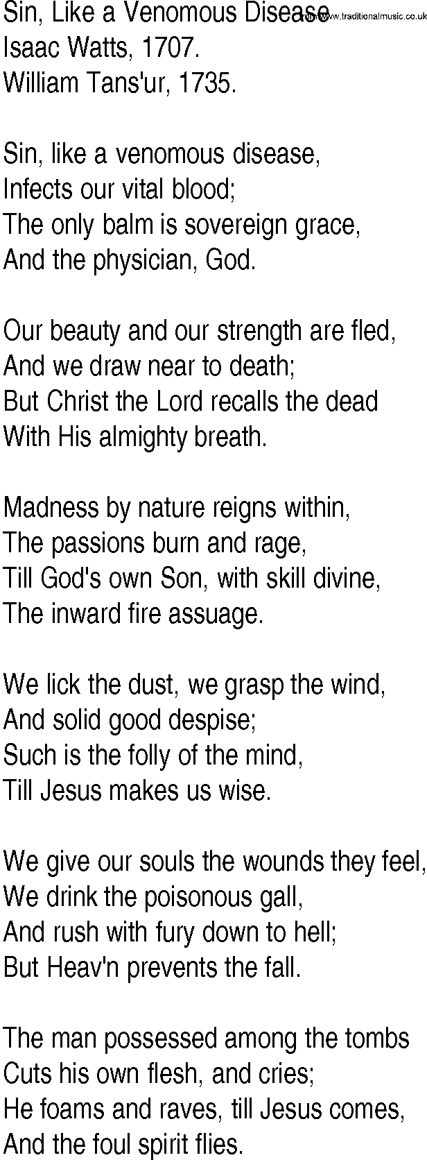 Hymn and Gospel Song: Sin, Like a Venomous Disease by Isaac Watts lyrics
