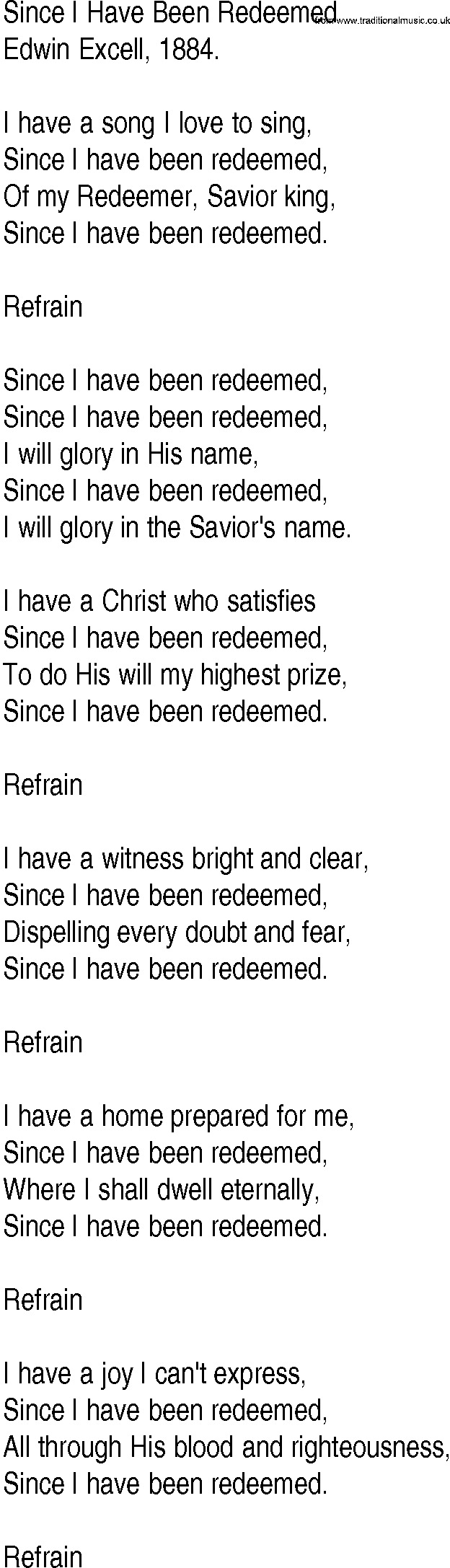 Hymn and Gospel Song: Since I Have Been Redeemed by Edwin Excell lyrics