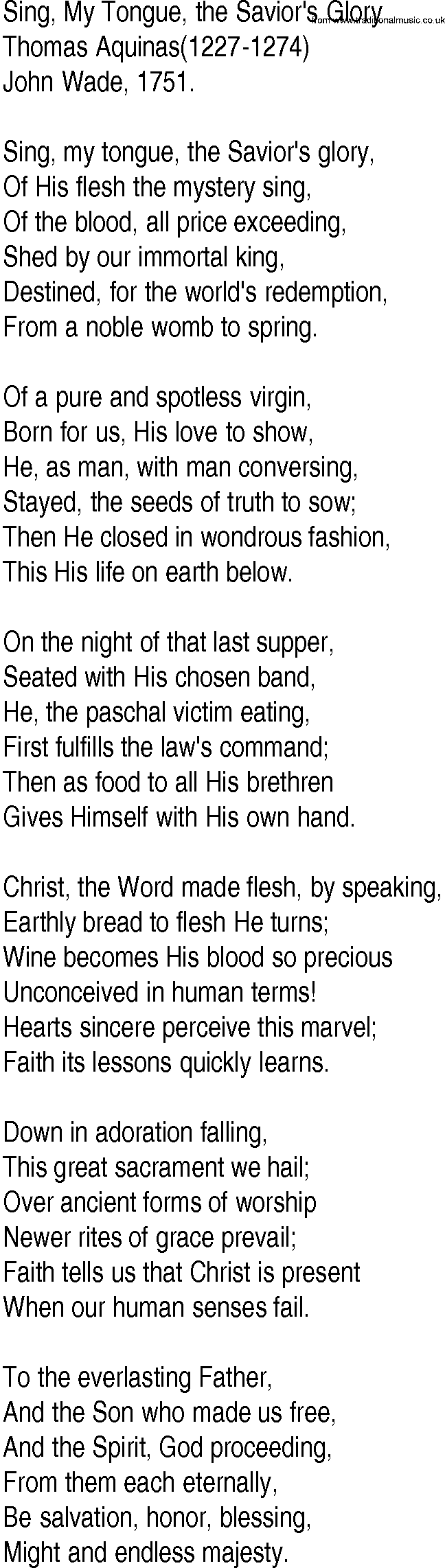 Hymn and Gospel Song: Sing, My Tongue, the Savior's Glory by Thomas Aquinas lyrics
