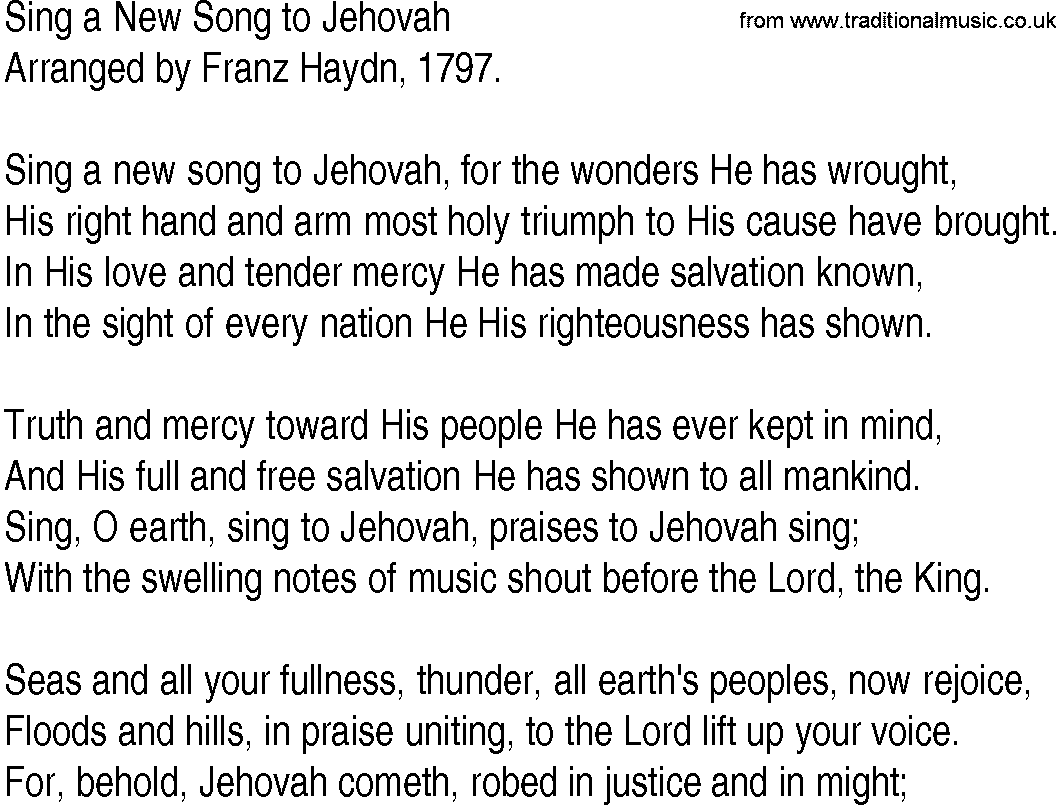 Hymn and Gospel Song: Sing a New Song to Jehovah by Arranged by Franz Haydn lyrics