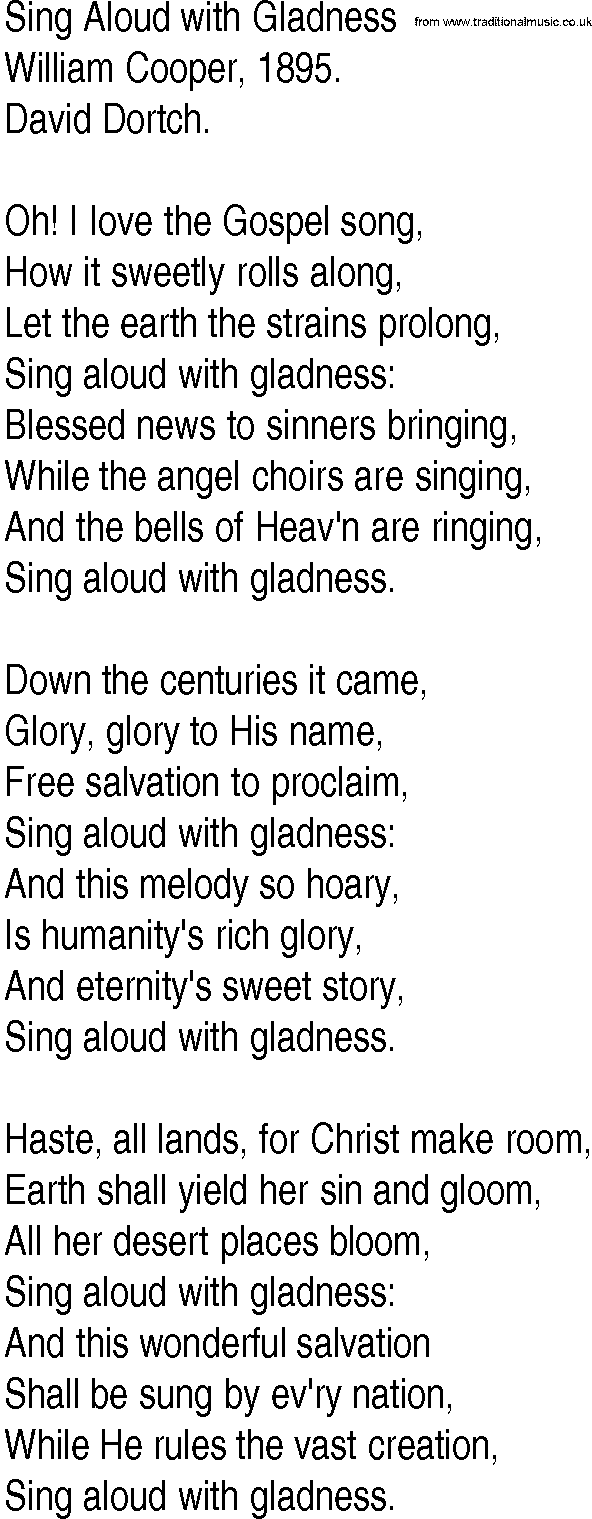 Hymn and Gospel Song: Sing Aloud with Gladness by William Cooper lyrics