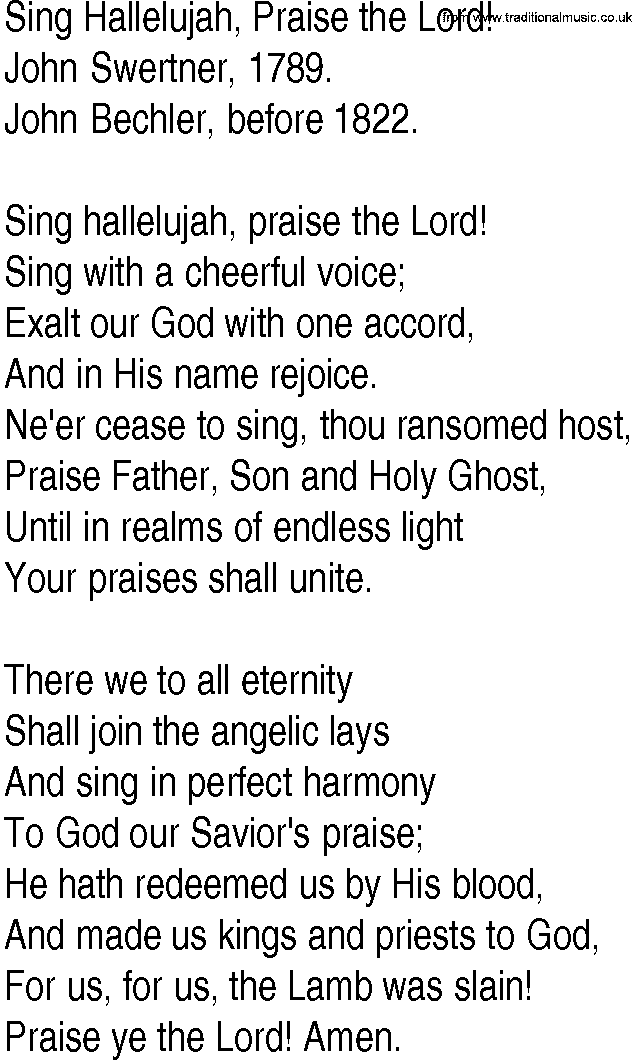 Hymn and Gospel Song: Sing Hallelujah, Praise the Lord! by John Swertner lyrics