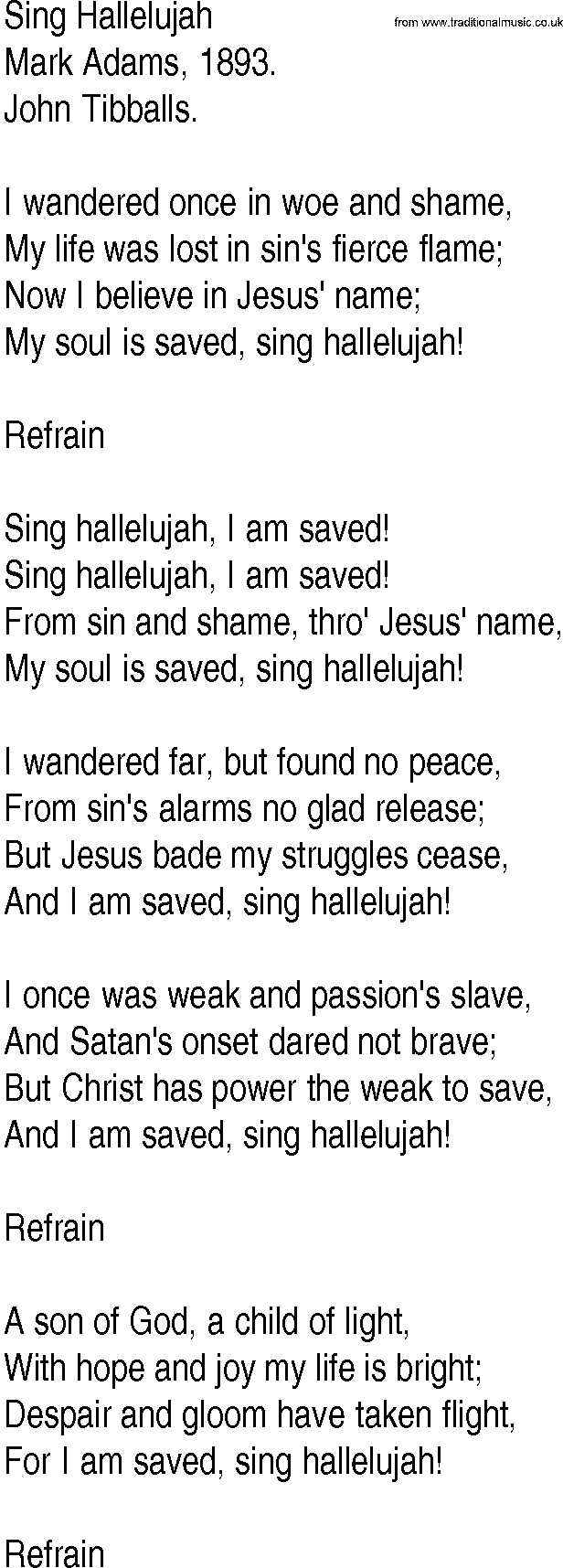 Hymn and Gospel Song: Sing Hallelujah by Mark Adams lyrics