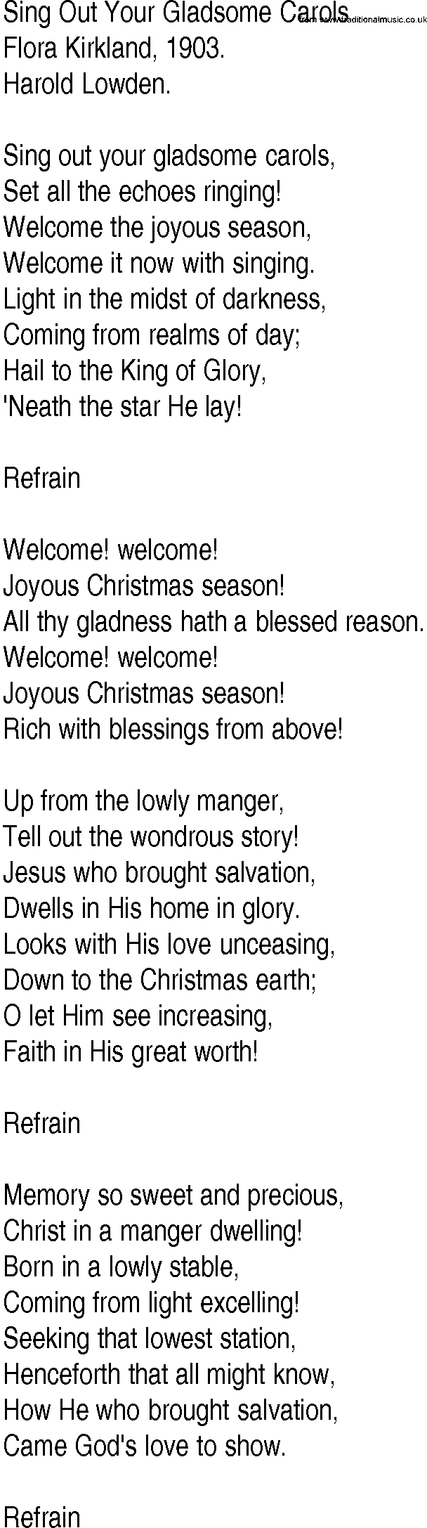 Hymn and Gospel Song: Sing Out Your Gladsome Carols by Flora Kirkland lyrics