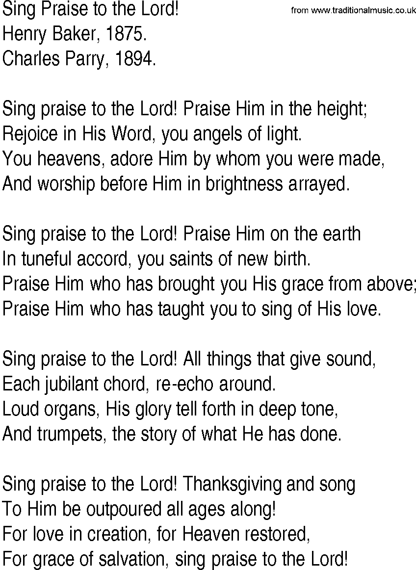 Hymn and Gospel Song: Sing Praise to the Lord! by Henry Baker lyrics
