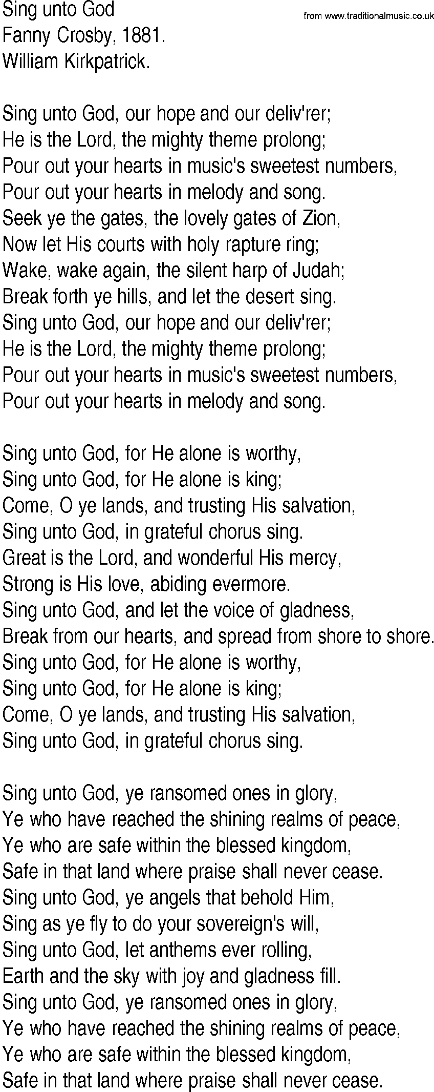 Hymn and Gospel Song: Sing unto God by Fanny Crosby lyrics