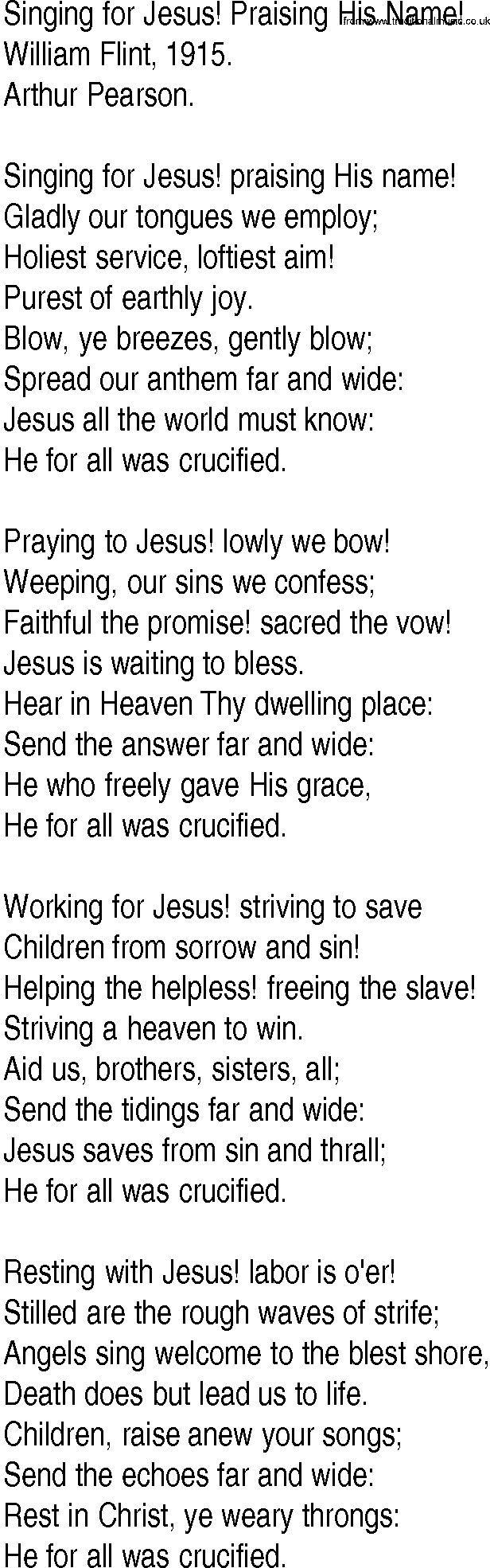 Hymn and Gospel Song: Singing for Jesus! Praising His Name! by William Flint lyrics