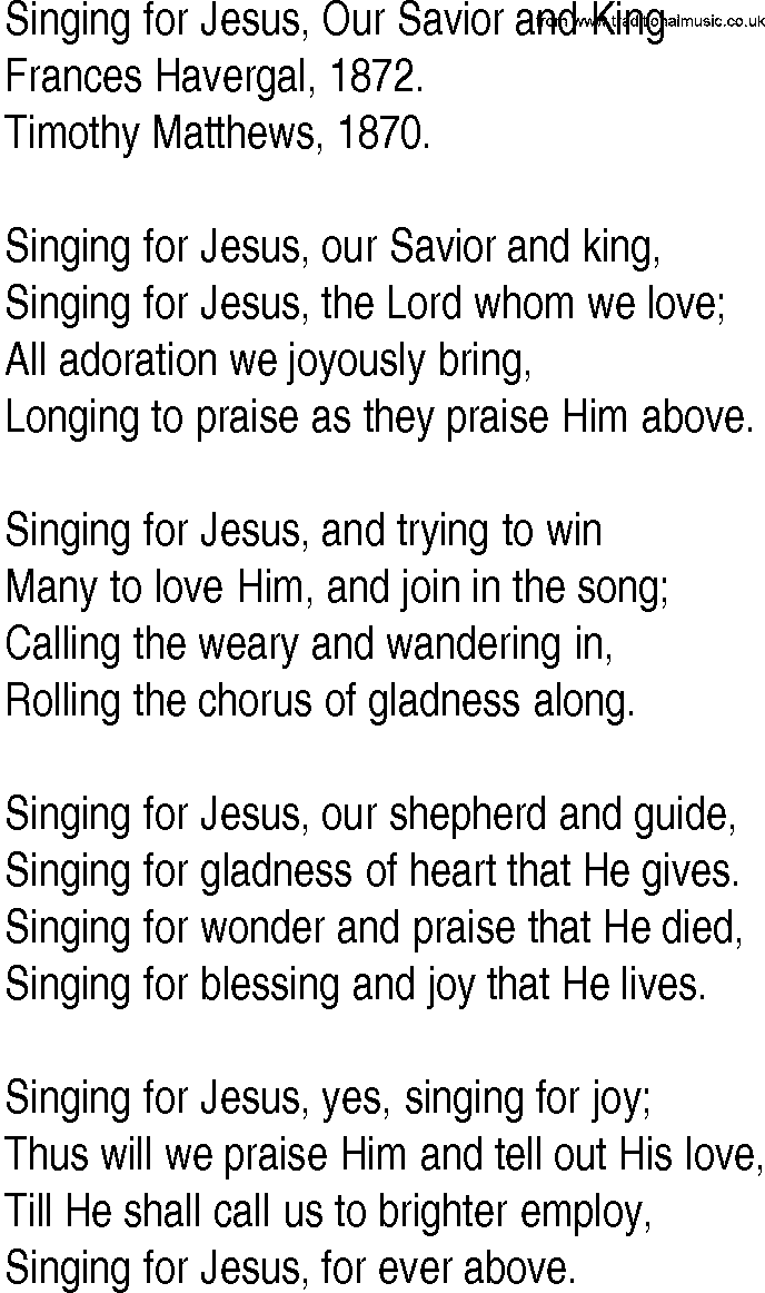 Hymn and Gospel Song: Singing for Jesus, Our Savior and King by Frances Havergal lyrics