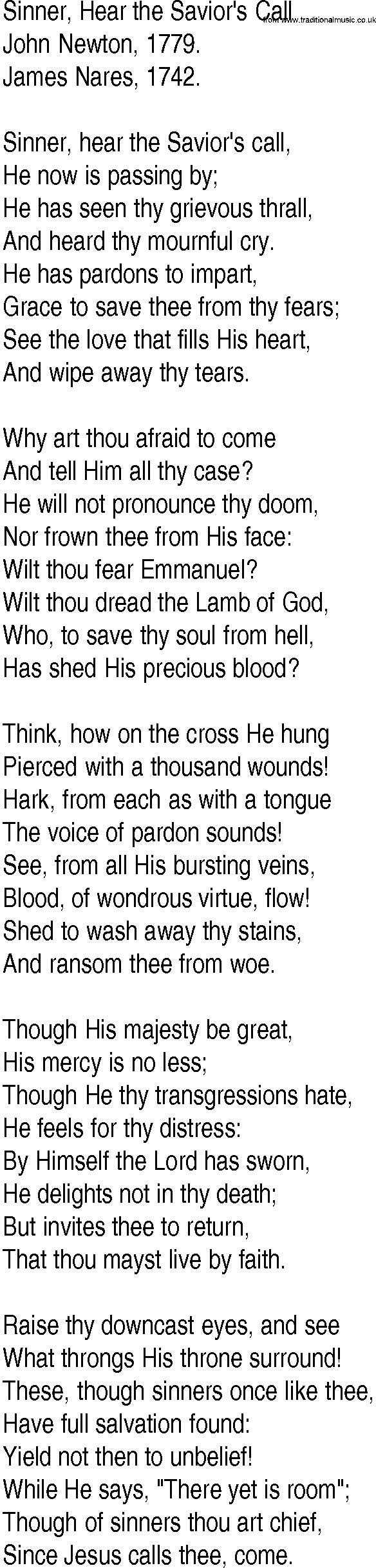 Hymn and Gospel Song: Sinner, Hear the Savior's Call by John Newton lyrics