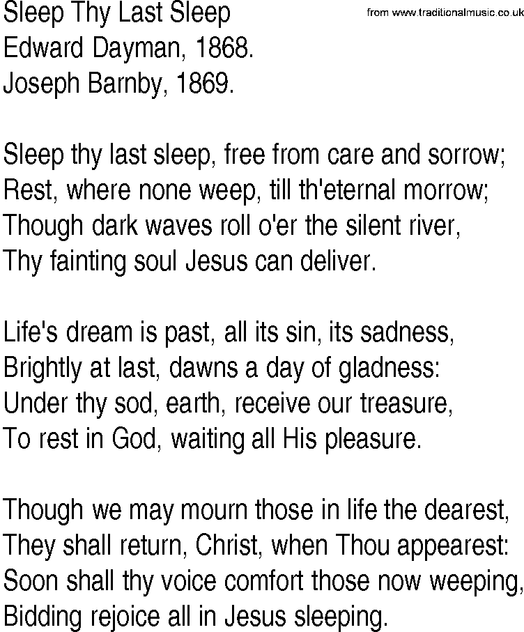 Hymn and Gospel Song: Sleep Thy Last Sleep by Edward Dayman lyrics