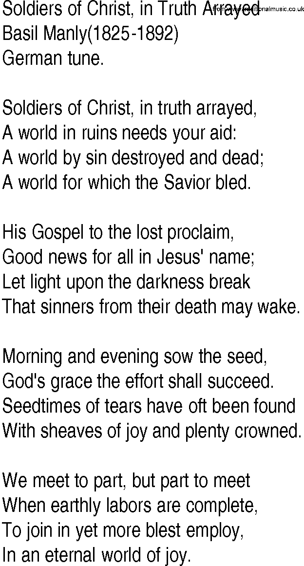 Hymn and Gospel Song: Soldiers of Christ, in Truth Arrayed by Basil Manly lyrics