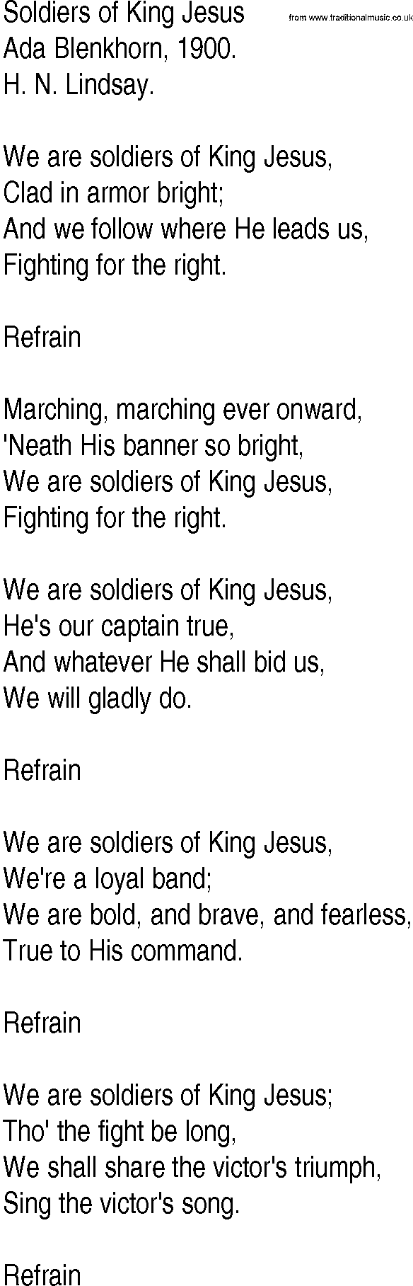 Hymn and Gospel Song: Soldiers of King Jesus by Ada Blenkhorn lyrics