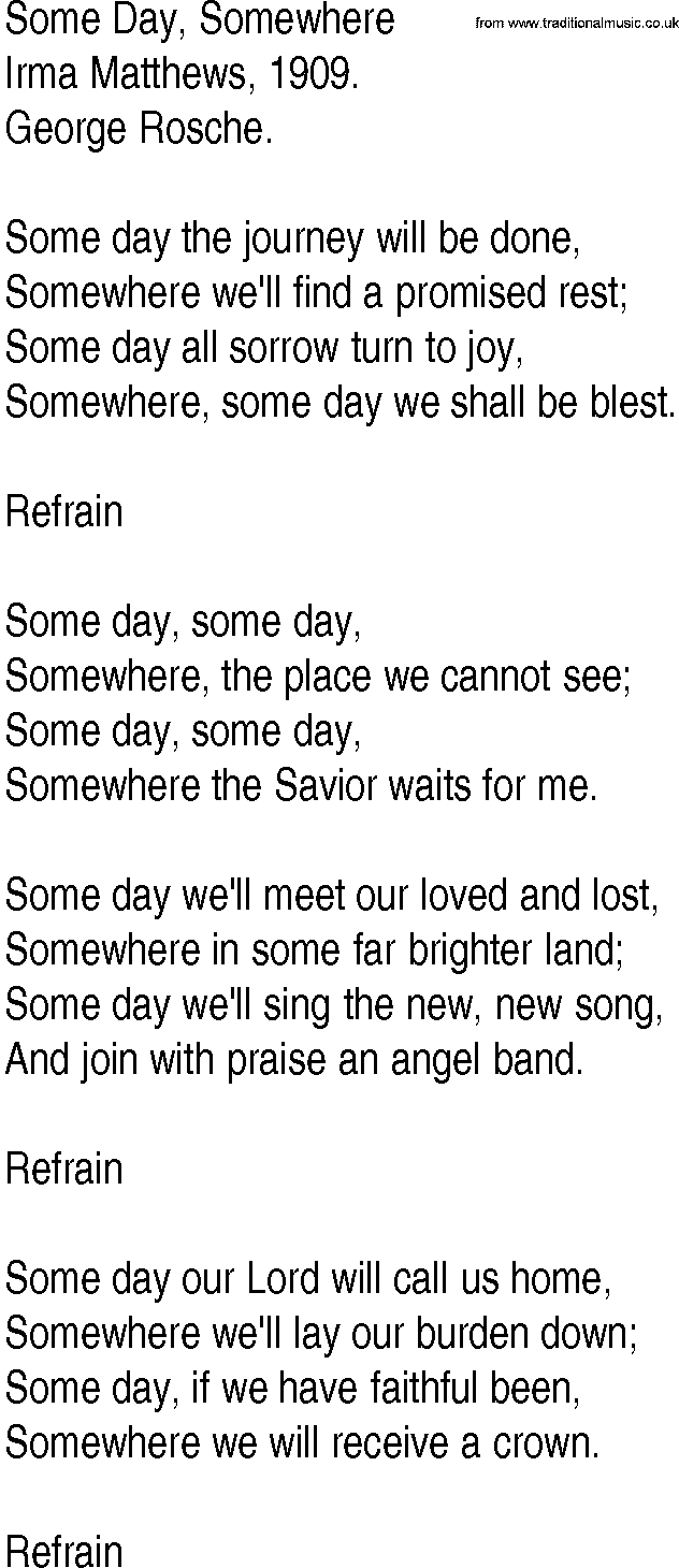 Hymn and Gospel Song: Some Day, Somewhere by Irma Matthews lyrics