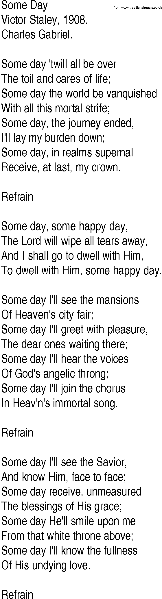 Hymn and Gospel Song: Some Day by Victor Staley lyrics