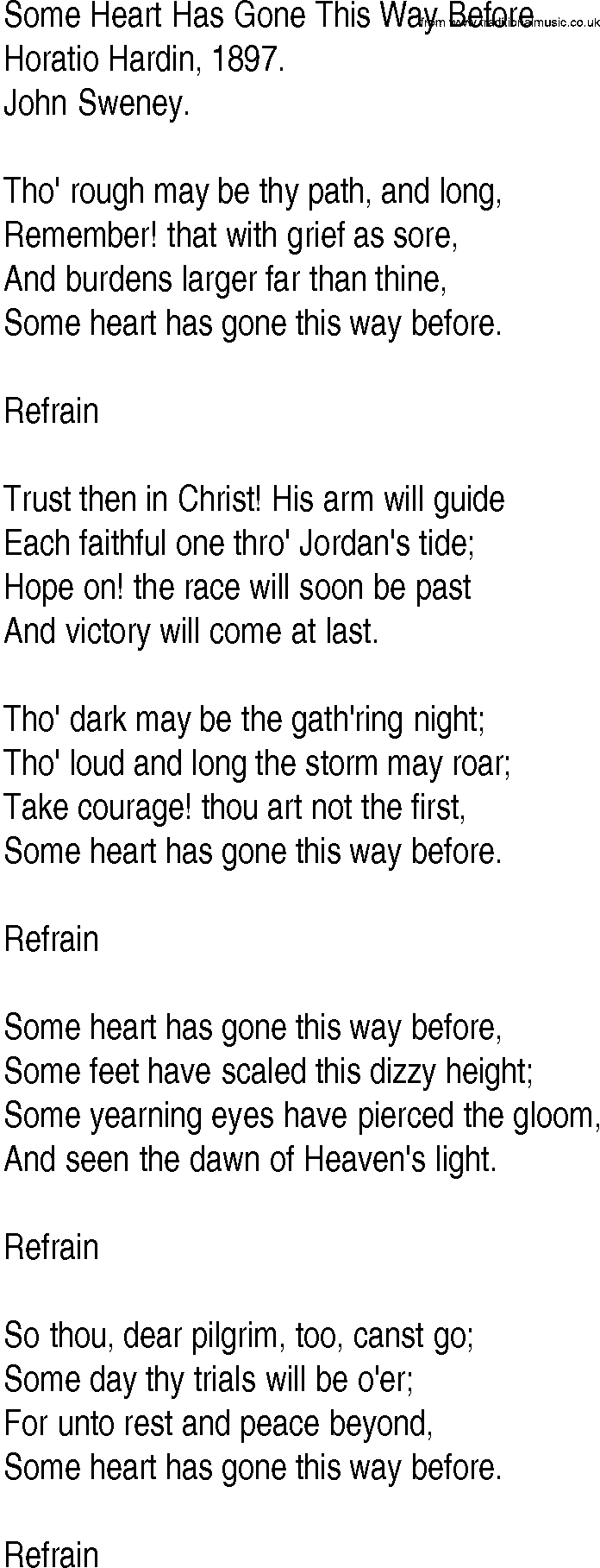 Hymn and Gospel Song: Some Heart Has Gone This Way Before by Horatio Hardin lyrics
