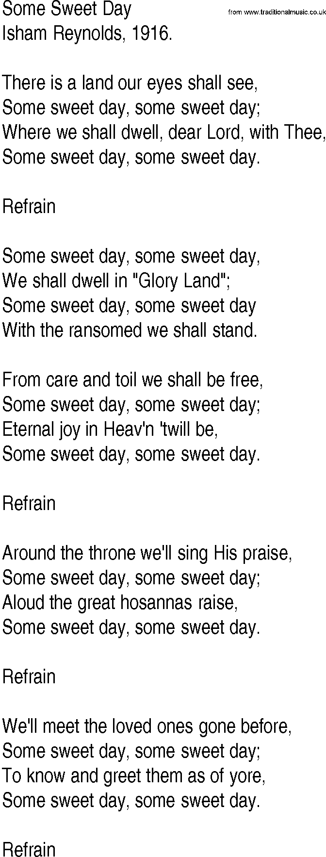 Hymn and Gospel Song: Some Sweet Day by Isham Reynolds lyrics