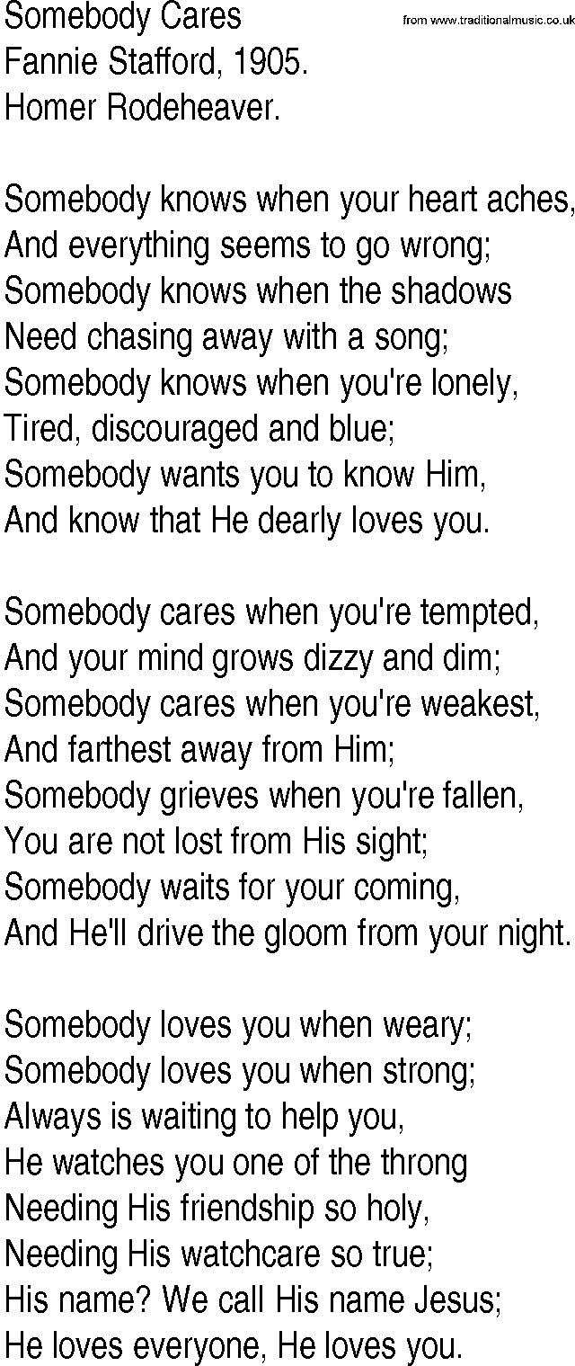 Hymn and Gospel Song: Somebody Cares by Fannie Stafford lyrics