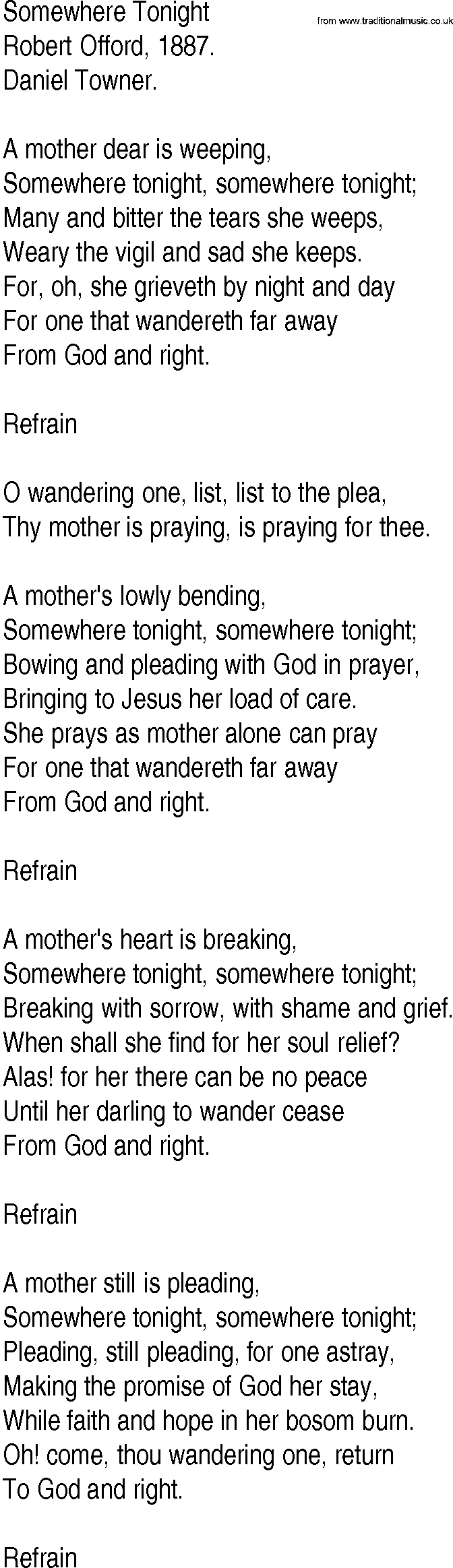 Hymn and Gospel Song: Somewhere Tonight by Robert Offord lyrics