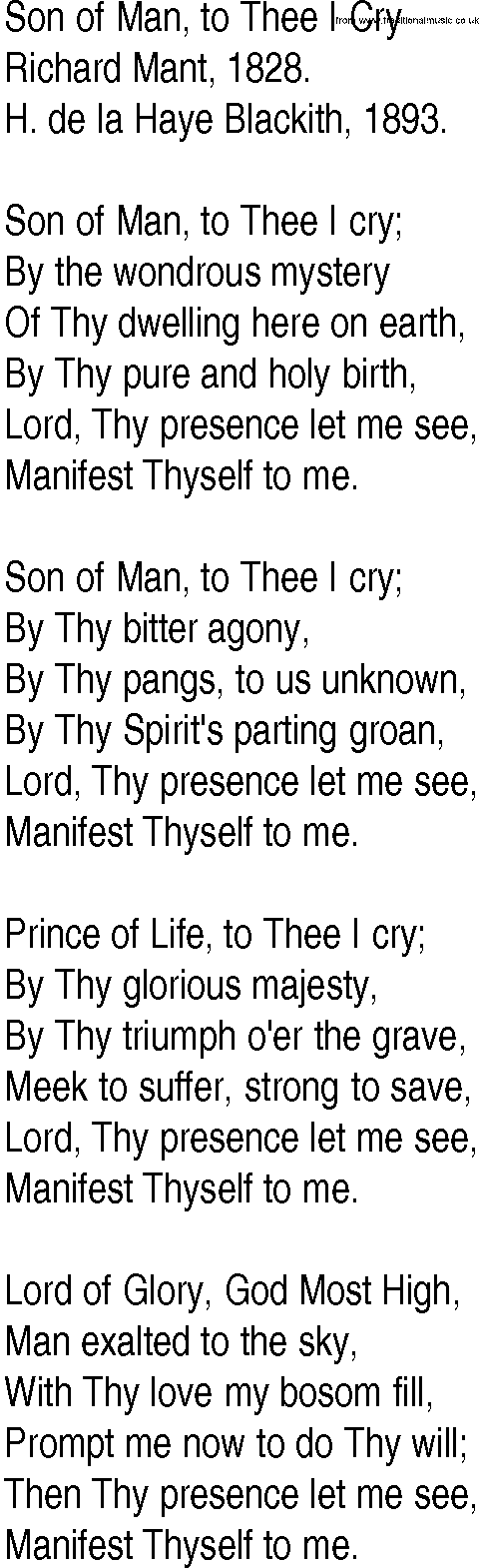 Hymn and Gospel Song: Son of Man, to Thee I Cry by Richard Mant lyrics