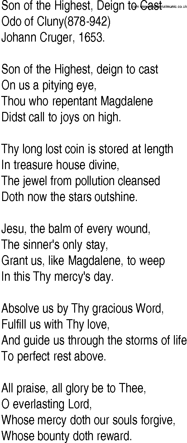 Hymn and Gospel Song: Son of the Highest, Deign to Cast by Odo of Cluny lyrics