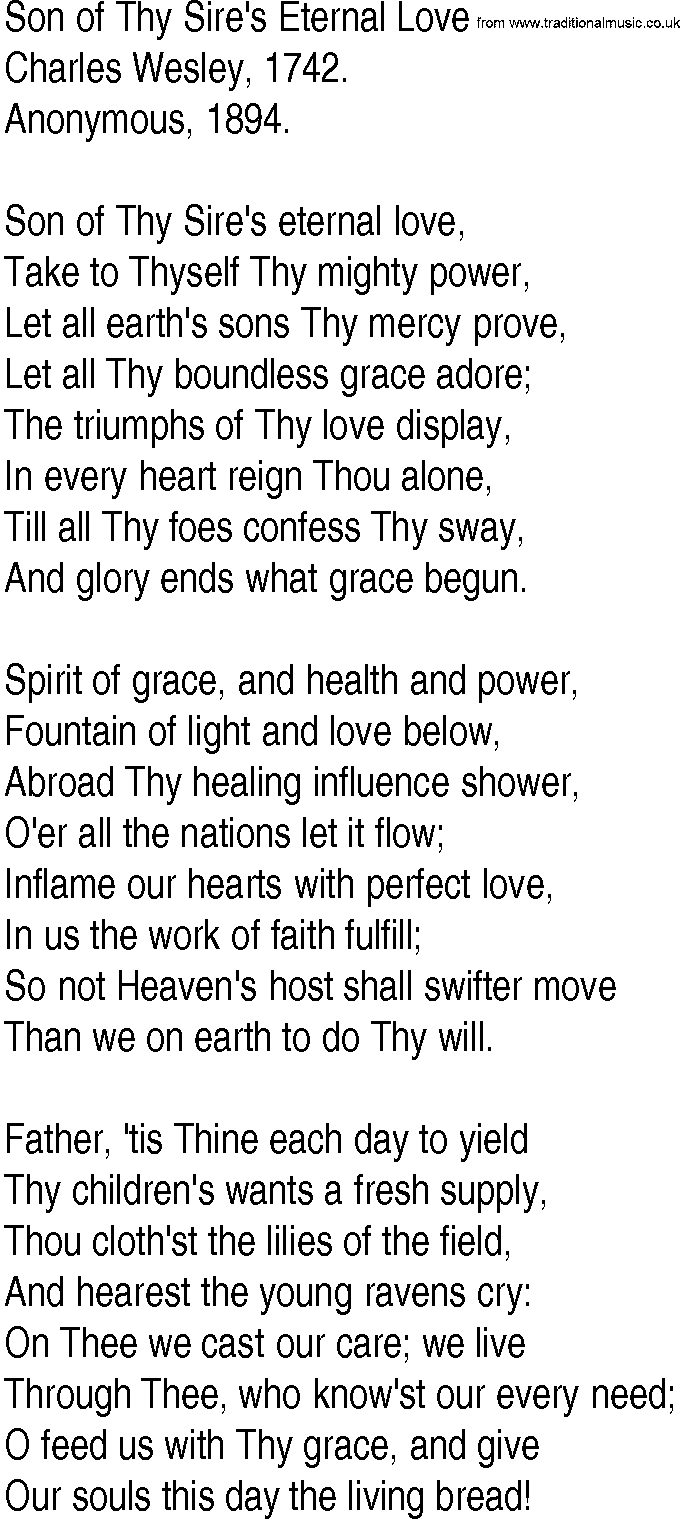 Hymn and Gospel Song: Son of Thy Sire's Eternal Love by Charles Wesley lyrics