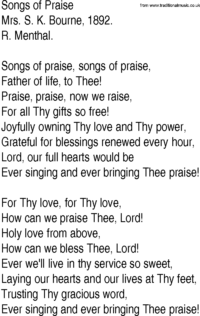 Hymn and Gospel Song: Songs of Praise by Mrs S K Bourne lyrics