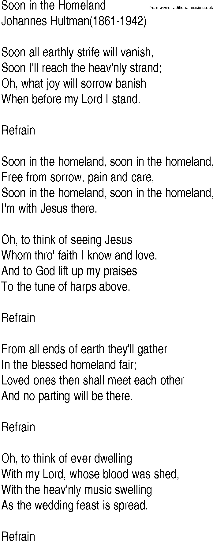Hymn and Gospel Song: Soon in the Homeland by Johannes Hultman lyrics
