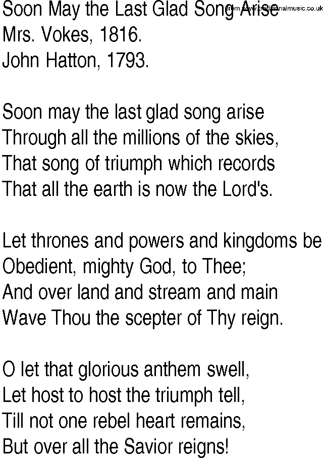 Hymn and Gospel Song: Soon May the Last Glad Song Arise by Mrs Vokes lyrics
