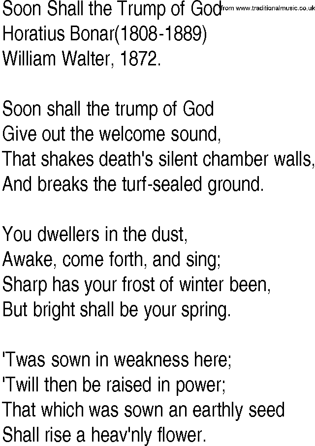 Hymn and Gospel Song: Soon Shall the Trump of God by Horatius Bonar lyrics