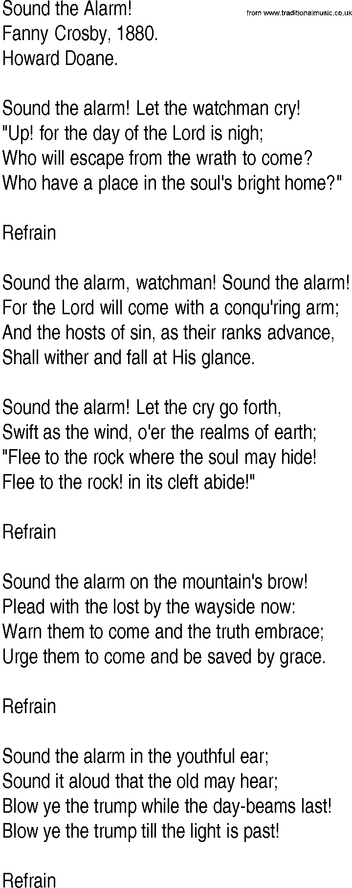 Hymn and Gospel Song: Sound the Alarm! by Fanny Crosby lyrics