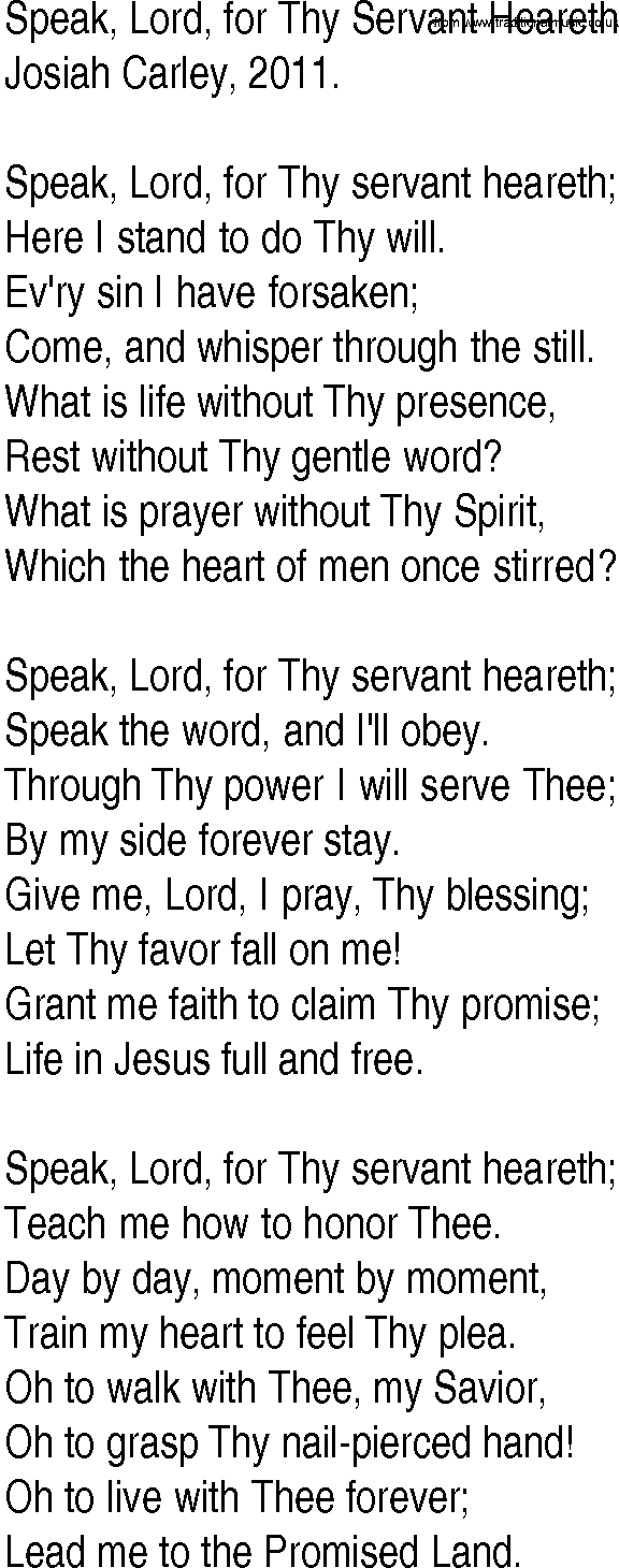 Hymn and Gospel Song: Speak, Lord, for Thy Servant Heareth by Josiah Carley lyrics